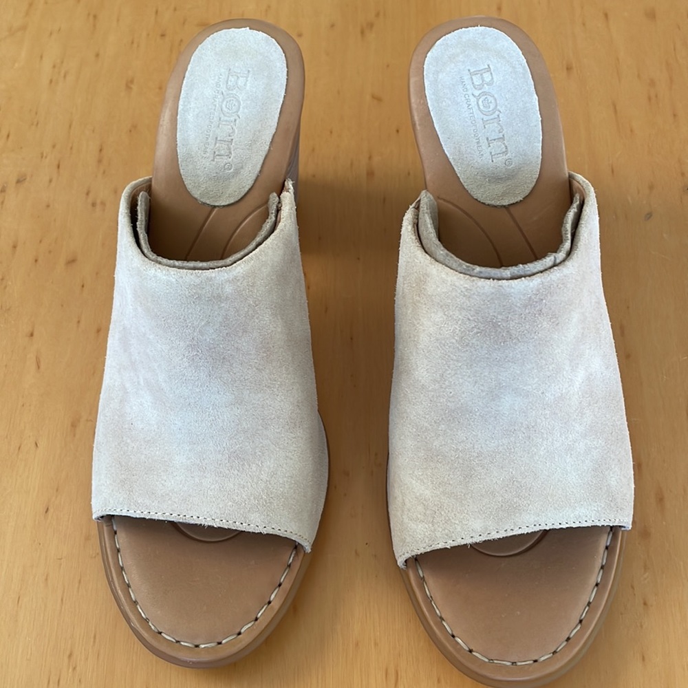 BORN Suede Sandal Heels Genuine Leather Tan Chunky Heel Shoes NWOT Size 7 - Picture 3 of 9